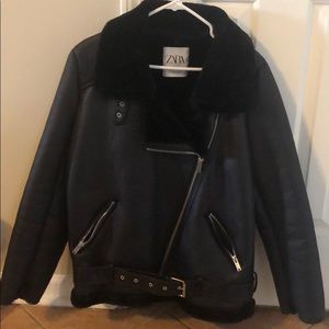 Zara Faux Leather/ Faux Fur Lined Moto Jacket